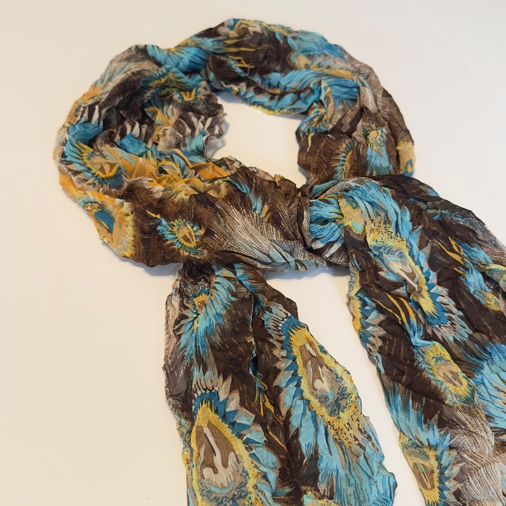 Unbranded Peacock Feather Scarf Blue Brown Crinkle Pleat Boho 48x16 Accessory
